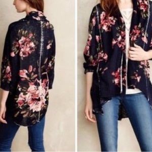 Anthropologie Floral Cardigan Navy Blue & Pink Open Lightweight Linen Cotton XS